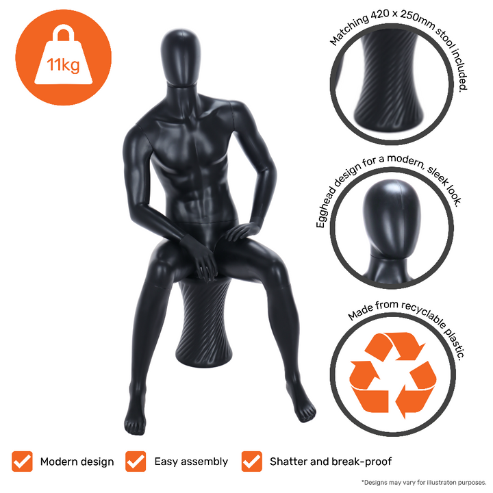 Contemporary matt black sitting male mannequin with a smooth egghead style, complete with a display stool.
