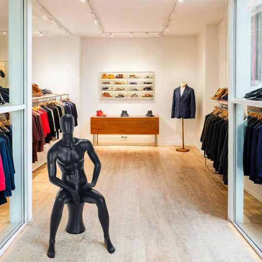 Matt Black Sitting Male Egghead Mannequin with Stool