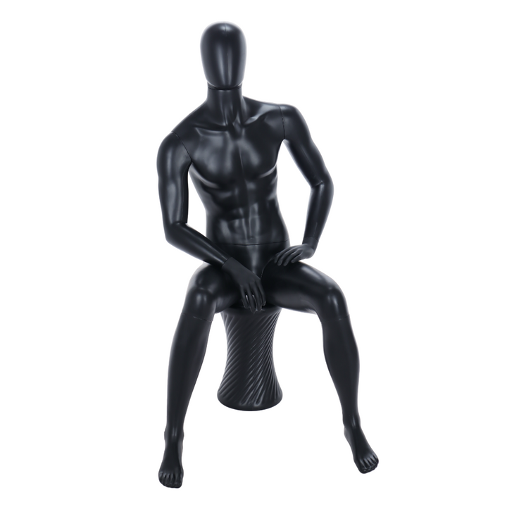 Matt black sitting male egghead mannequin with stool, perfect for stylish retail and fashion displays.
