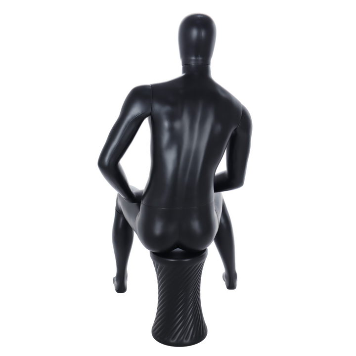 Minimalist matt black seated male mannequin with an egghead design, including a stool for versatile fashion presentations.
