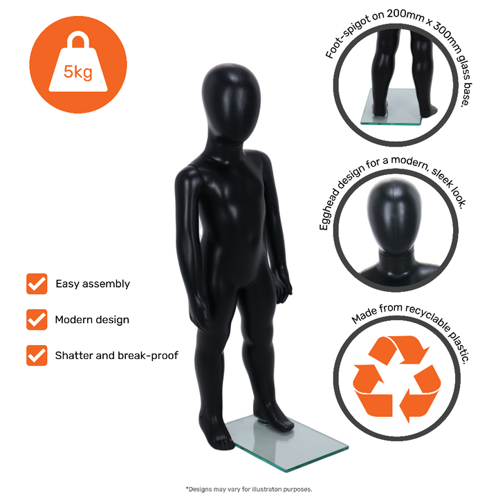Durable unisex child mannequin in matt black, egghead style, and standing position, designed for age 1 to 2 years.
