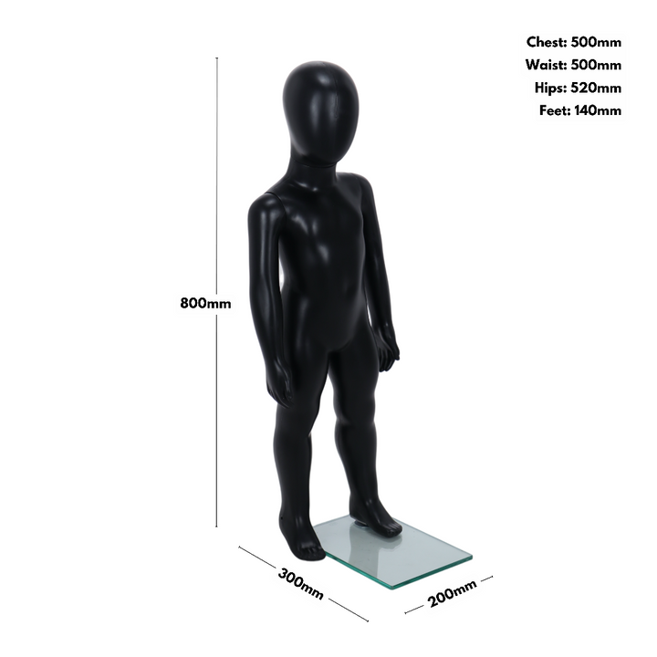 Modern matt black child mannequin with a sleek egghead design, standing pose, and unisex appeal for toddler fashion displays (1-2 years).

