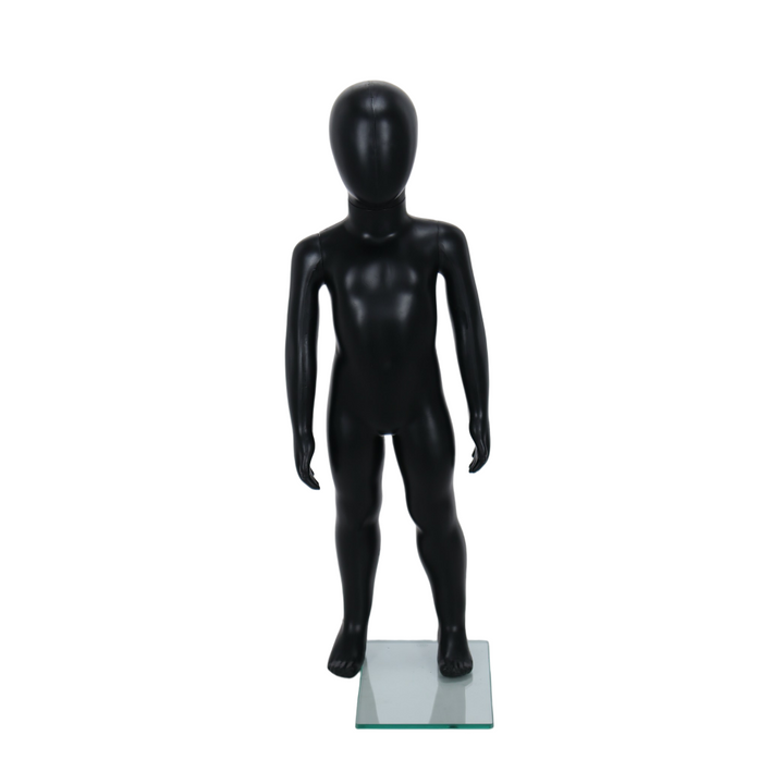 Stylish matt black child mannequin with an egghead design, standing pose, and unisex features, perfect for showcasing toddler clothing (1-2 years).
