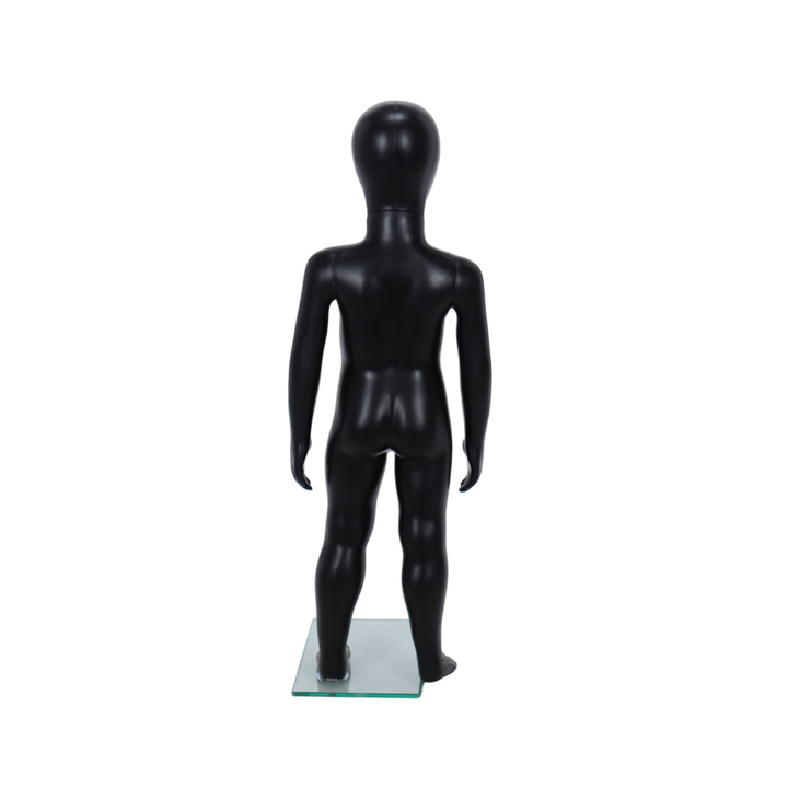 Contemporary unisex toddler mannequin in matt black, featuring an egghead design and standing pose, suitable for ages 1 to 2 years.
