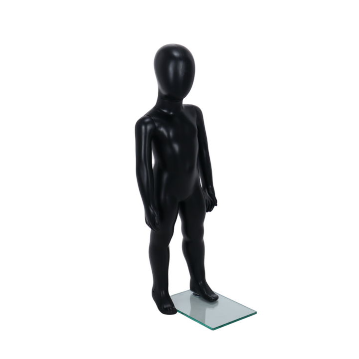 Matt black unisex child egghead mannequin in a standing pose, suitable for ages 1 to 2 years, ideal for retail displays.
