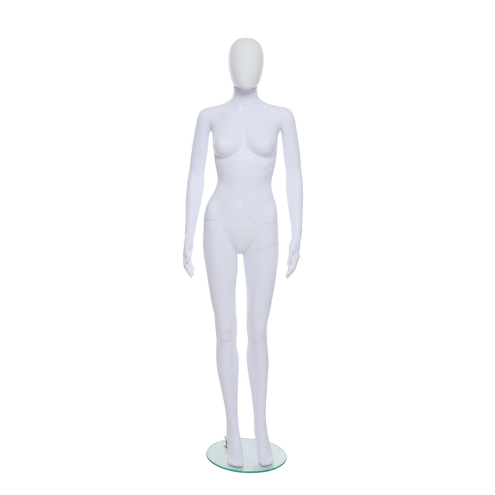 Minimalist female mannequin with an egg-shaped head, finished in matt white for a contemporary look in shop displays.
