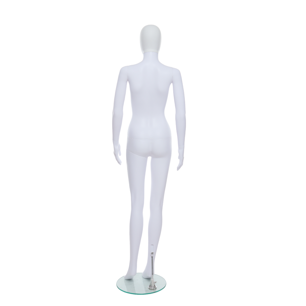 Stylish matt white egg head mannequin designed for showcasing female clothing and accessories in retail and exhibition settings.
