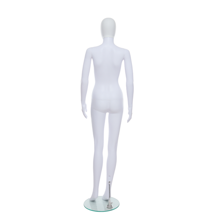Stylish matt white egg head mannequin designed for showcasing female clothing and accessories in retail and exhibition settings.
