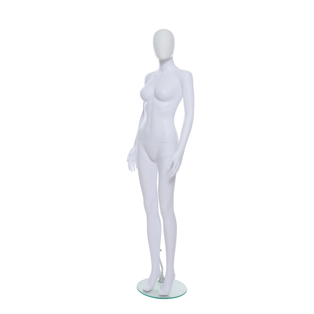 Matt white egg head female mannequin with a sleek, modern design, perfect for fashion displays and retail use.
