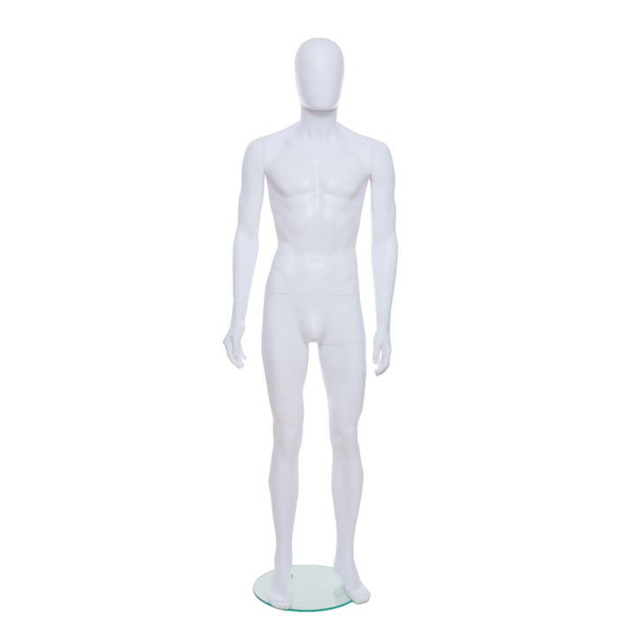 Sleek matt white egg head male mannequin, perfect for fashion displays, shop windows, and showroom presentations.
