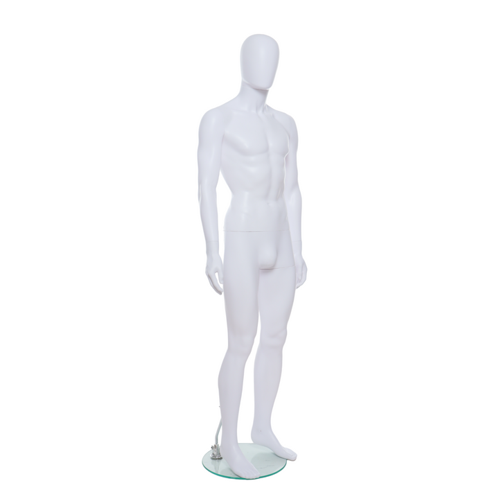 Matt white male mannequin with an egg-shaped head, ideal for displaying clothing and accessories in retail and exhibitions.
