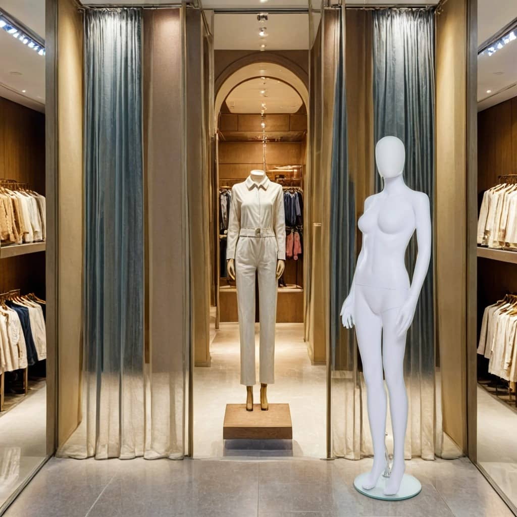 A luxurious and elegantly designed clothing boutique featuring warm wooden shelving and soft, flowing curtains framing the fitting area. A white female mannequin stands on a round base near the entrance, ready for display. In the centre, another mannequin is dressed in a stylish cream jumpsuit, elevated on a small platform.