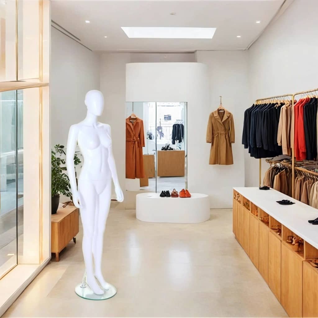 A high-end fashion boutique with a sleek and sophisticated design featuring warm beige tones, glass partitions, and elegant lighting. A glossy white female mannequin stands on a round glass base near the entrance. Inside, neatly arranged clothing racks display a selection of luxurious garments in black and gold tones. A plush brown ottoman sits beside a freestanding clothing rack, adding to the boutique’s refined ambiance. 