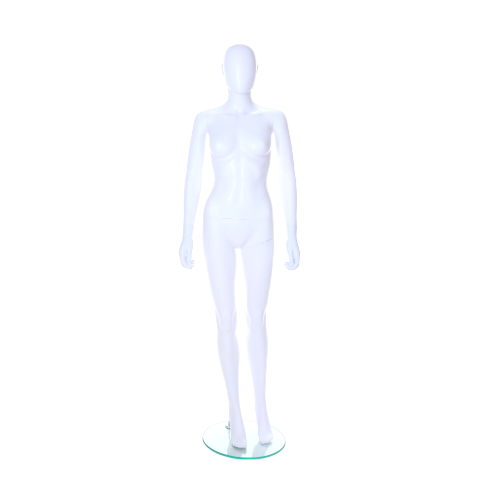 Stylish standing female mannequin in matt white, featuring an egghead design with ears for a modern look.
