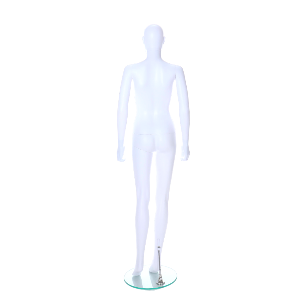 Durable matt white female mannequin with an egghead and ears, designed for displaying garments in a standing pose.
