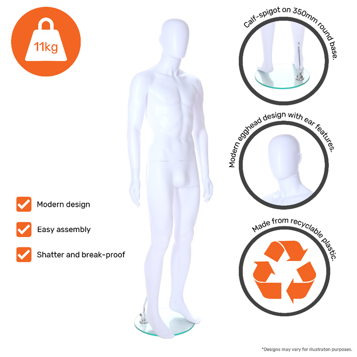 Modern matt white male mannequin with an egghead shape and sculpted ears, freestanding for stylish merchandising.
