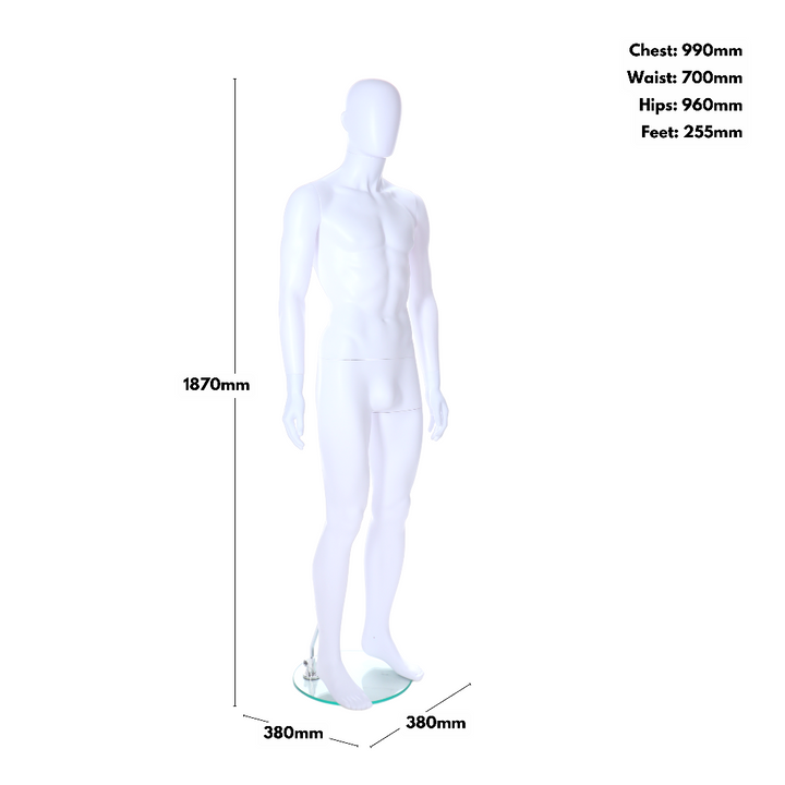 Full-body standing male mannequin in matt white with an egghead design and ears, great for showcasing apparel.
