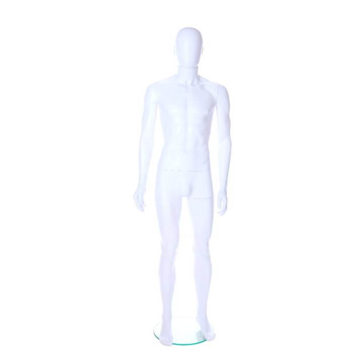 Sleek matt white standing male mannequin with an egghead design and ears, perfect for shop windows and exhibitions.
