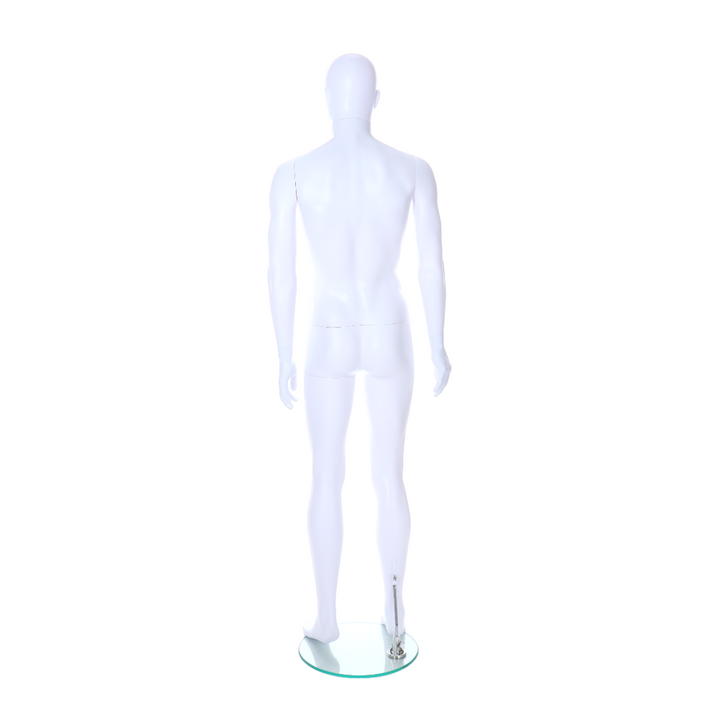 Contemporary egghead male mannequin with ears, standing pose in a matt white finish, ideal for fashion retailers.
