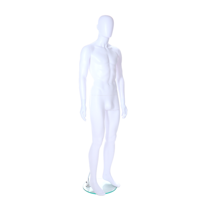 Matt white egghead male mannequin with ears, standing pose, ideal for retail clothing and fashion displays.
