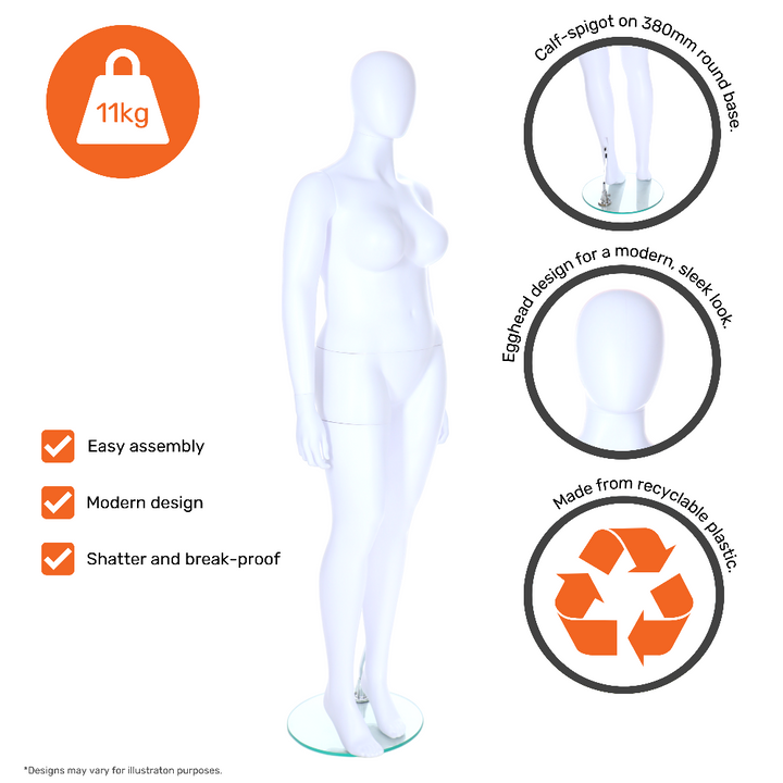 Modern plus-sized female mannequin in matt white with an egghead design, perfect for retail stores and exhibitions.

