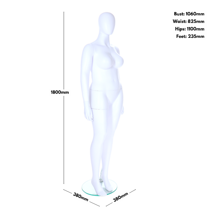 Sleek matt white plus-size female mannequin with a featureless egghead, standing pose for fashion and visual merchandising.

