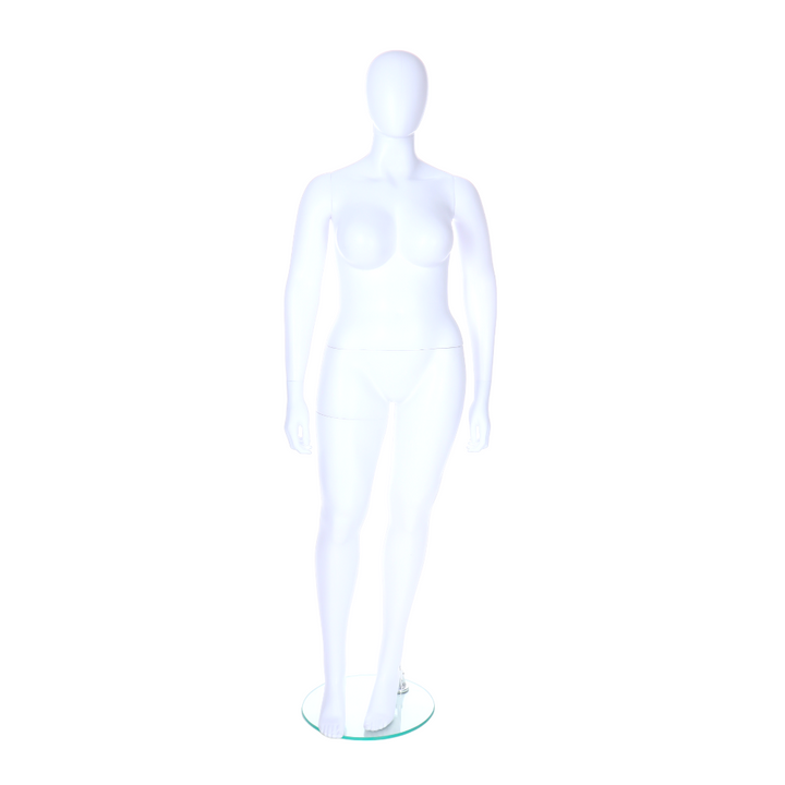 Full-body plus-size female mannequin with a smooth egghead design, standing upright in a matt white finish for stylish presentations.
