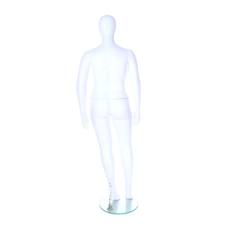 Contemporary full-figure female mannequin in matt white with a smooth egghead, standing position, ideal for boutiques and department stores.
