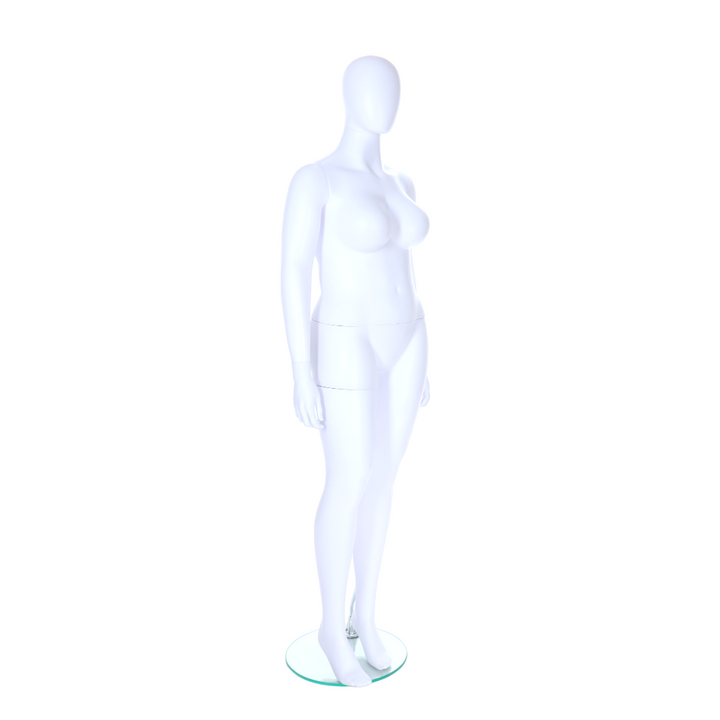 Matt white egghead plus-sized female mannequin in a standing pose, ideal for showcasing inclusive fashion in retail displays.
