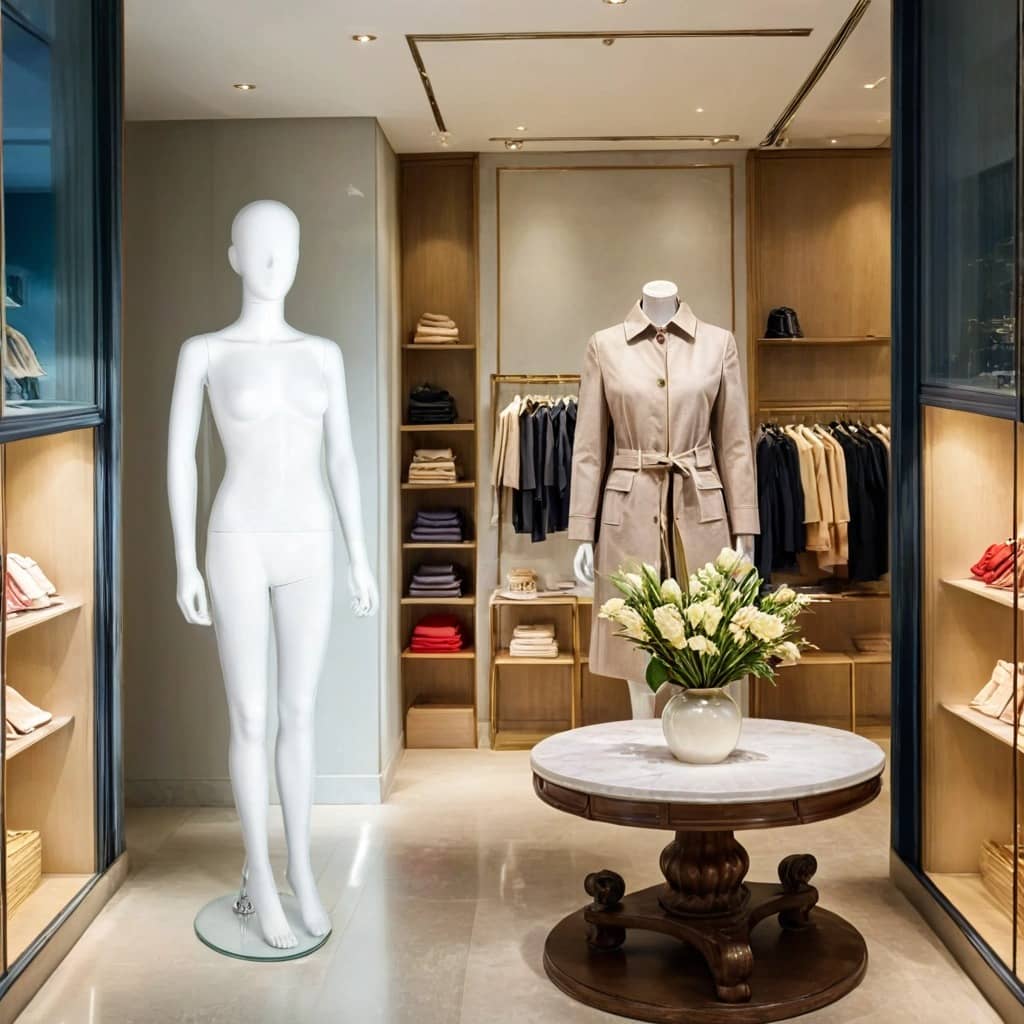  A sophisticated fashion boutique featuring a warm and elegant design with wooden shelving, soft lighting, and a neutral colour palette. A glossy white female mannequin stands on a round glass base near the entrance. In the centre, a dressed mannequin showcases a stylish beige trench coat, surrounded by neatly arranged racks of high-end clothing. A classic wooden table with a marble top holds a vase of fresh white flowers, enhancing the boutique’s refined and luxurious ambiance.