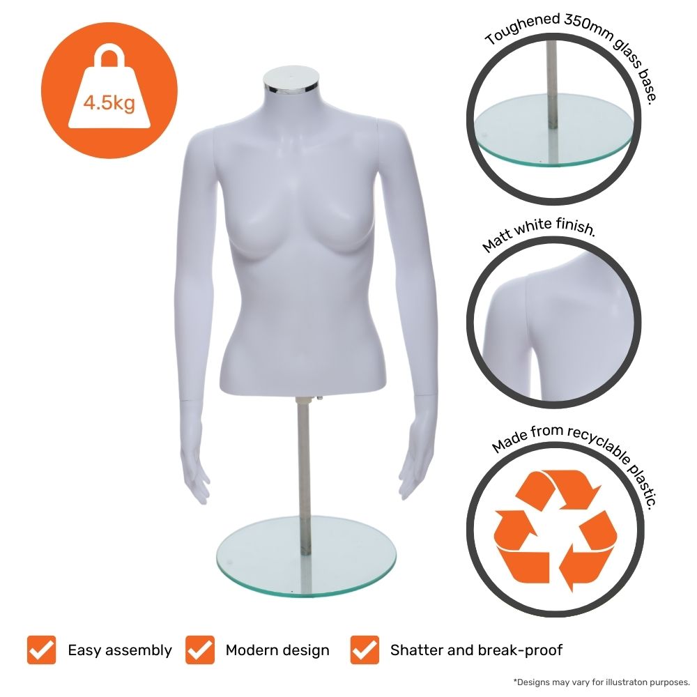 Female half-body mannequin with arms – bust 820mm, hips 840mm, height 1010mm – ideal for fashion display and fitting.