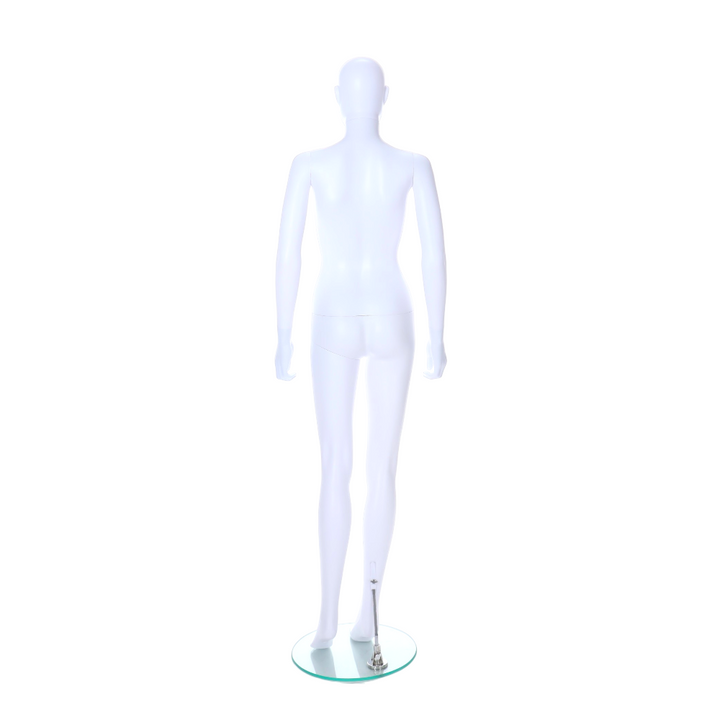 Rear view of a matt white female egghead mannequin, calf-spigot support and round glass base clearly visible at the back of the right leg.
