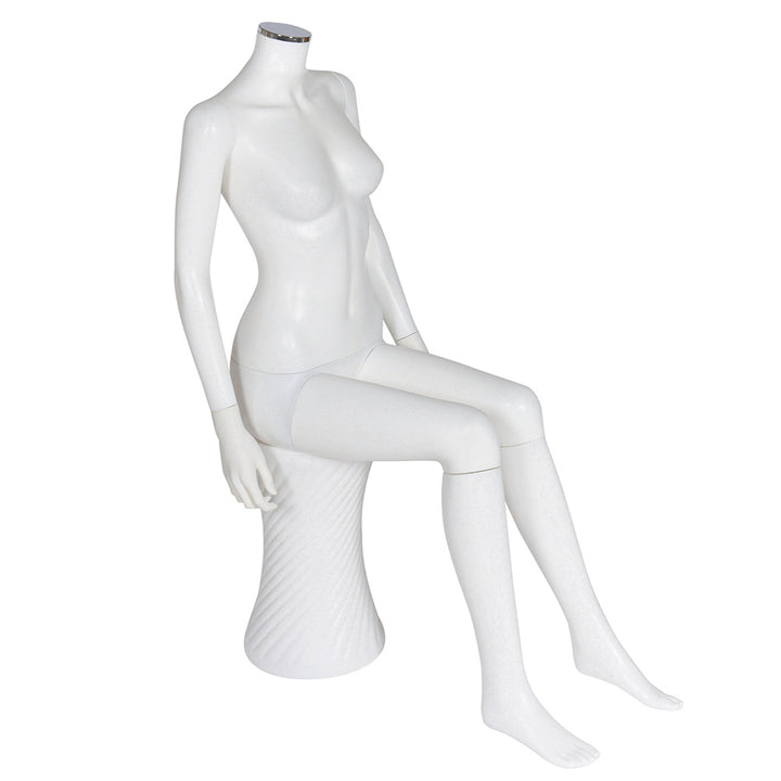 Matt white female faceless mannequin in a sitting pose, perfect for retail displays and fashion presentations.
