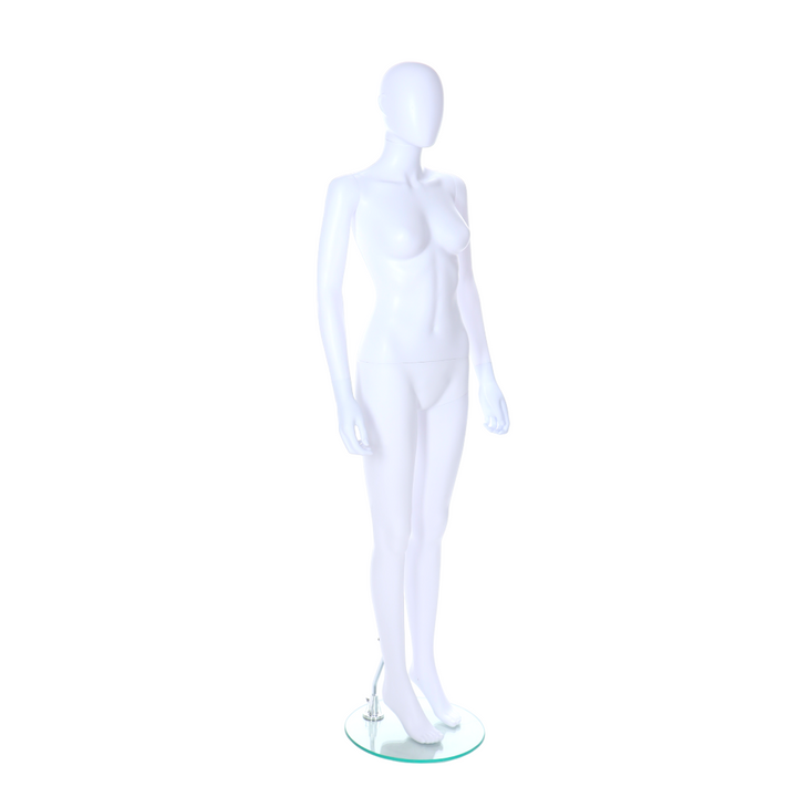 Angled three-quarter cut-out of a matt white female egghead mannequin with sculpted ears, calf-spigot on a round glass base, white background.
