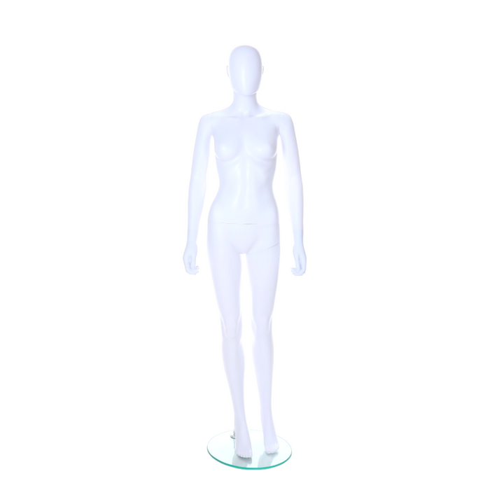 Front-on cut-out of a matt white female egghead mannequin in a neutral standing pose, arms at sides, glass base visible at the feet.
