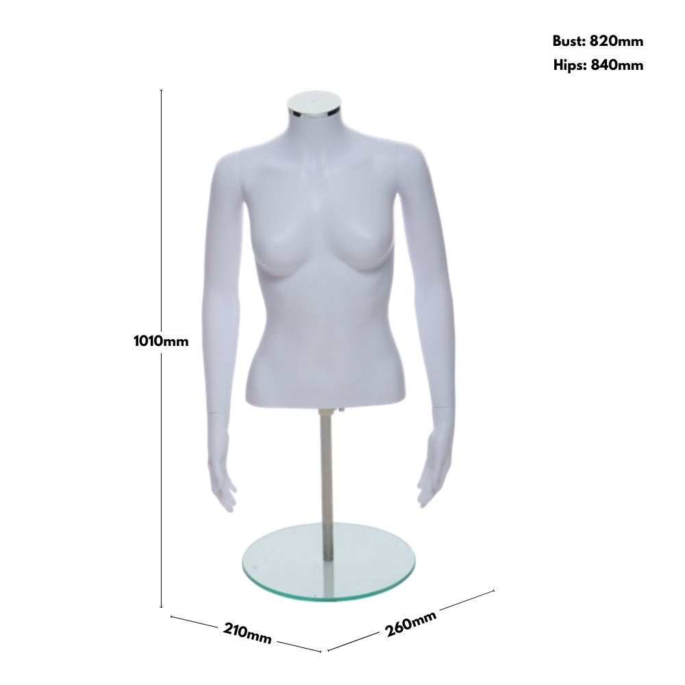 Durable female mannequin torso with recyclable plastic body, matt white finish, 350mm toughened glass base – easy to assemble and shatter-resistant.
