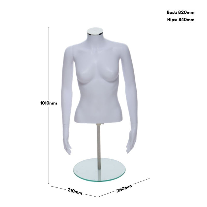Durable female mannequin torso with recyclable plastic body, matt white finish, 350mm toughened glass base – easy to assemble and shatter-resistant.