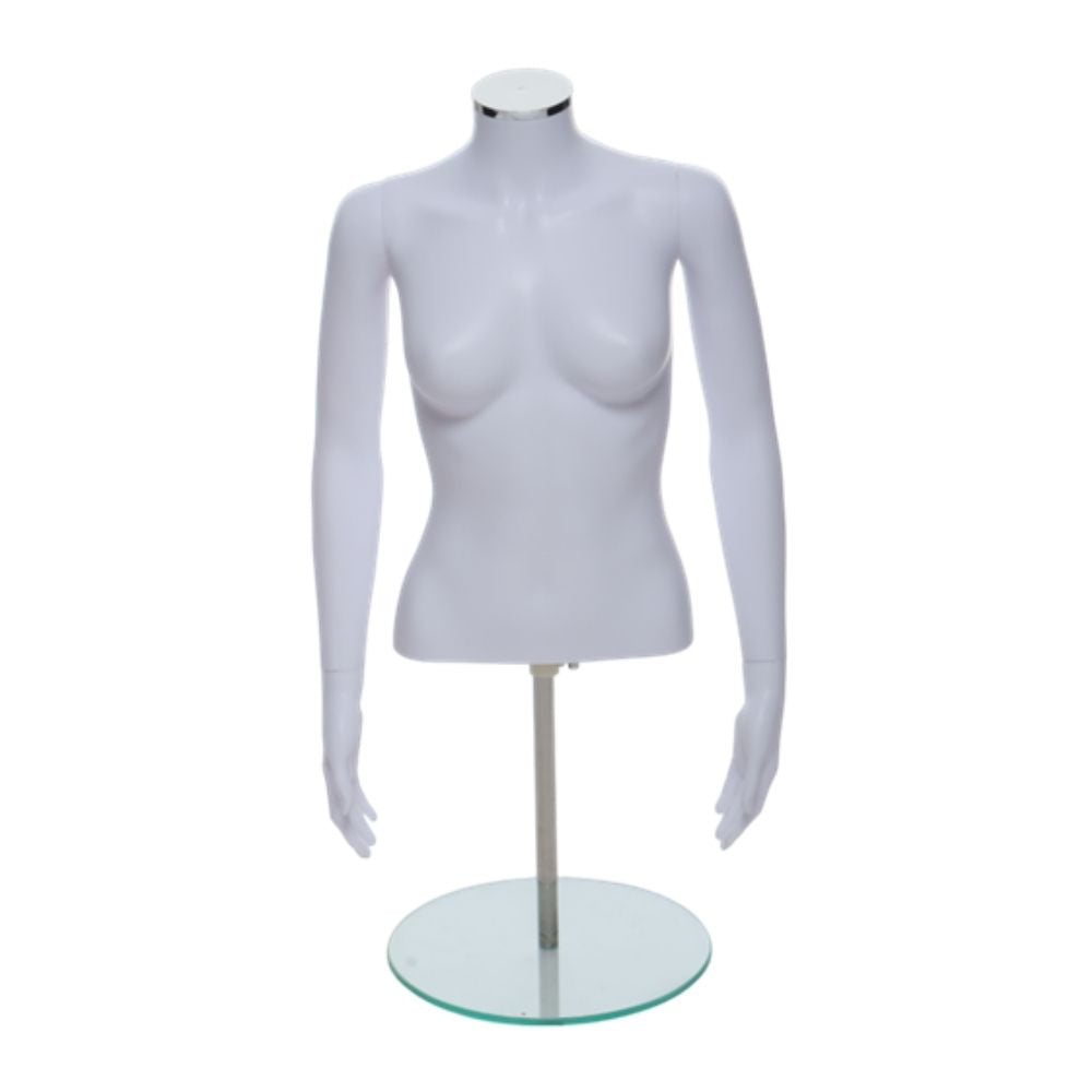 Matt white female torso mannequin with arms on glass base – perfect for retail clothing display or product photography.