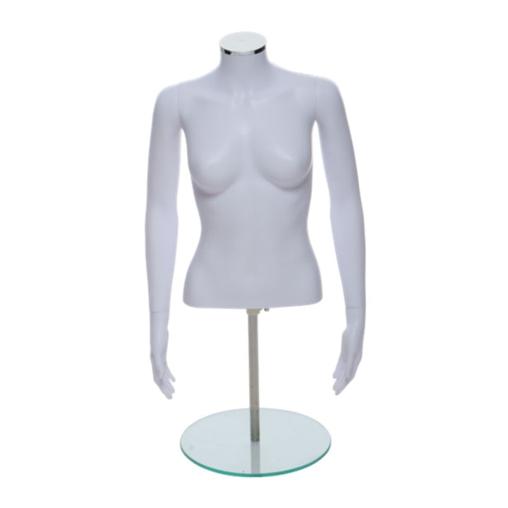 Matt white female torso mannequin with arms on glass base – perfect for retail clothing display or product photography.