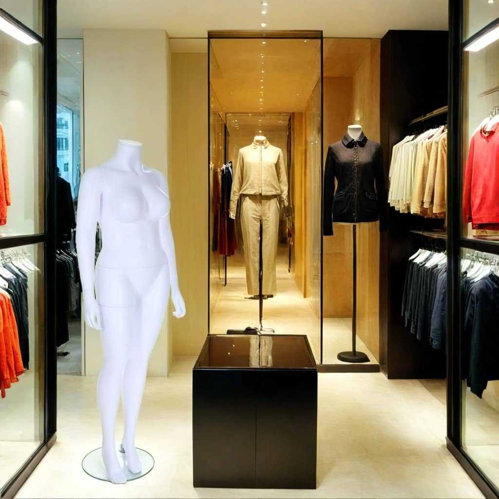 A high-end fashion boutique with a sleek, modern design featuring a white female mannequin on a round glass base near the entrance. The store has an elegant mix of warm wood tones, black accents, and mirrored walls that create a spacious feel. Clothing racks display a curated selection of garments in neutral, navy, and red tones. In the background, mannequins showcase stylish outfits against a mirrored backdrop, enhancing the boutique's luxurious and sophisticated ambiance. 