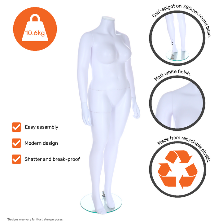 Modern plus-sized female mannequin in matt white with a headless design, ideal for stylish and realistic fashion presentations.
