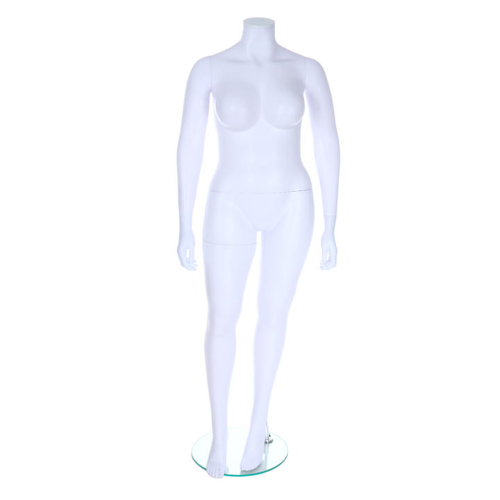 Sleek matt white plus-size female mannequin, headless design, standing position for retail and exhibition displays.
