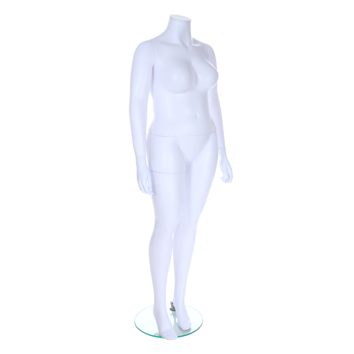 Matt white headless plus-sized female mannequin in a standing pose, perfect for showcasing inclusive fashion displays.
