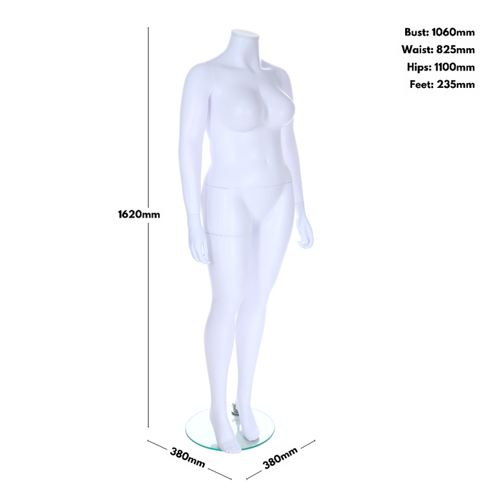 Full-body standing plus-size female mannequin in a matt white finish, great for shop windows and visual merchandising.
