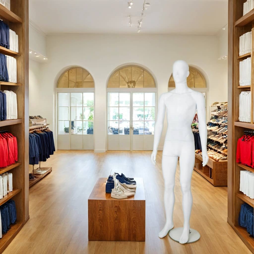 A stylish and modern clothing store featuring a spacious layout with wooden shelves neatly displaying garments in navy, red, and white tones. A white full-body mannequin stands on a round base near the centre of the store. A wooden display table showcases a selection of shoes. The store's elegant design is complemented by arched windows and glass doors at the back, allowing natural light to brighten the space. 