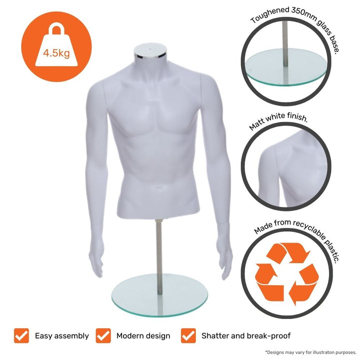 White male mannequin torso with arms, featuring 350mm toughened glass base, matt finish, recyclable plastic, and 4.5kg weight – durable and eco-friendly retail display.