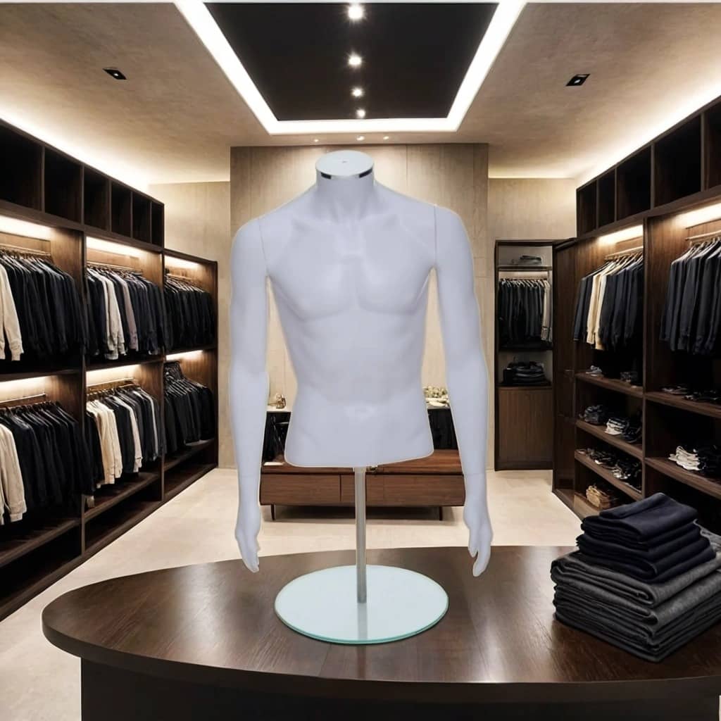 Matt white male mannequin torso displayed in upscale clothing store – perfect for showcasing shirts, jackets, and menswear in retail environments.
