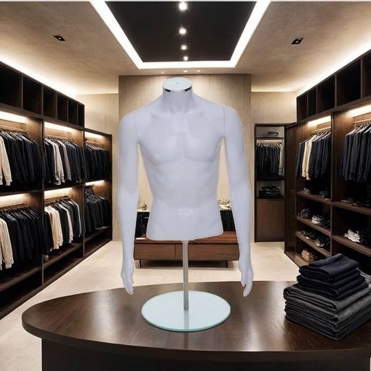 Matt White Male Torso Half-Form Mannequin with Arms - Stand Included