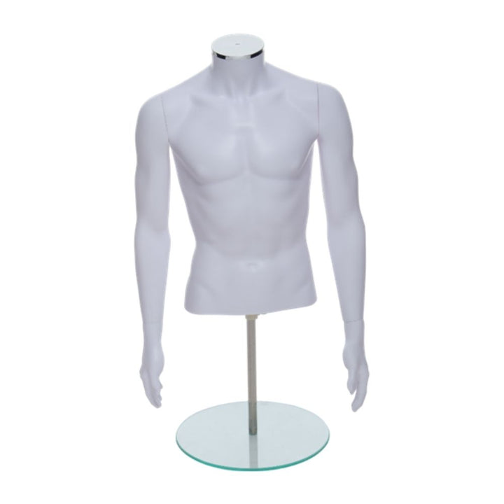 Matt white male torso half-form mannequin with detachable arms and clear glass base – ideal for online store product photography or boutique displays