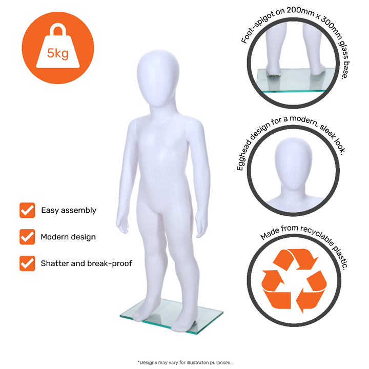 Durable unisex child mannequin in matt white, egghead style, and standing position, designed for age 1 to 2 years.
